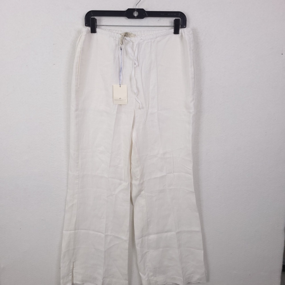Crown Linen‎ Designs Pants Womens M White Drawstring Wide Leg Beach Summer